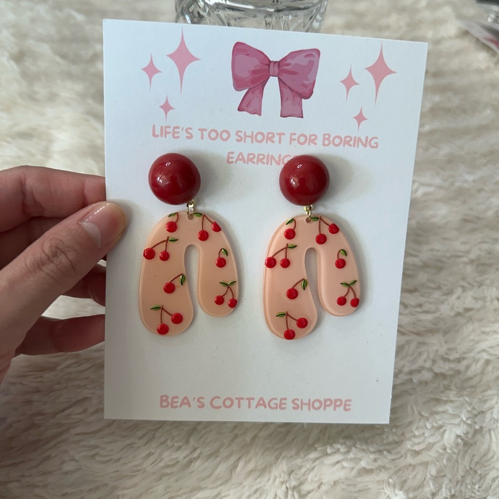 Cherry Earrings acrylic dangle studs - Picture 4 of 5